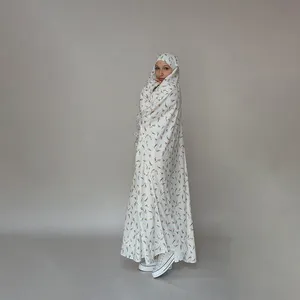 ชุดละหมาดผ้าฝ้ายผ้าซาตินพิมพ์ลายดอกไม้ผ้าบางเนื้อบางสีขาวสำหรับมุสลิมเสื้อผ้าอิสลามอาบายา