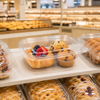 Boîte de boulangerie en PET transparent avec couvercle à charnière, 2 compartiments, jetable, qualité alimentaire, pour fruits, muffins danois, vente en gros, personnalisable