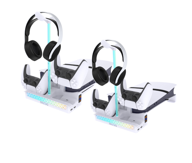2026P Horizontal Stand with RGB Light + 2 Extra USB Hubs + Headset Holder for PS5 Pro/Slim Digital & Disc Consoles