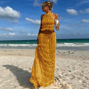 Ensemble jupe deux pièces décontracté en mousseline unie à volants, haut dos nu sans manches et jupe longue étagée, pour femme, plage et été - Product Image 1