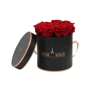 Unieke Luxe Bewaard Zwarte Ronde Pils Cirkel Papier Rose Bloem Doos Met Rose Goud Lijn