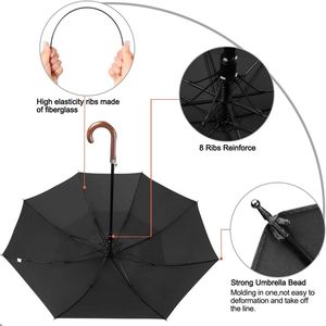 Parapluie de golf personnalisé de haute qualité pour adultes, coupe-vent, en fibre de verre, double couche, ouverture automatique, poignée incurvée en bois - Product Image 3