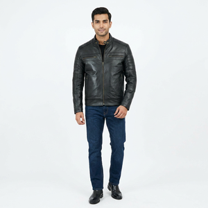 Chaqueta de Cuero Genuino Clásica Negra Desgastada Estilo Motero Finer Threads, Hecha a Medida, Transpirable, con Cuello Alto, para Hombre, Otoño - Product Image 1