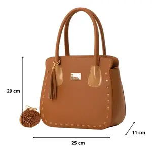 Fana Alessia Women's <b>Handbag</b> Camel Microfiber Synthetic Leather Classic Style With Tassel And Removable Strap Daily Use - Product Image 3