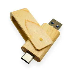 Lecteurs USB OTG pivotants en bois de type C personnalisés 2.0/3.0 2 en 1, 128 Go 512 Go 1 To 64 Go 8 Go 16 Go, 32 Go pour téléphones Android, MacBook