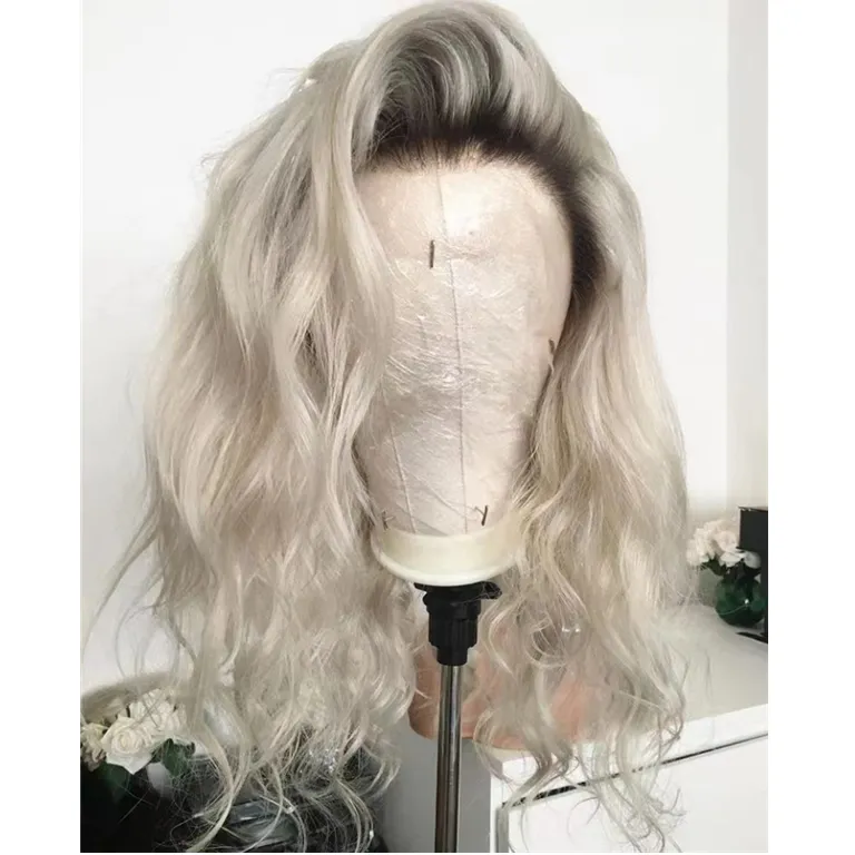 Wholesale Ombre Platinum Blonde 1B/60 Color Nautral Wave Free Style Human Hair Transparent Lace Wigs With Short Dark Root
