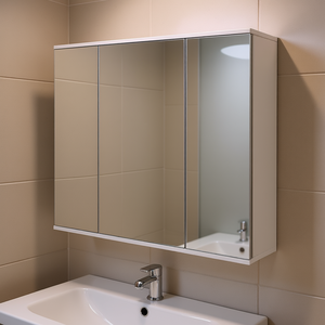 Armoire à pharmacie murale blanche à 3 portes avec étagères réglables, miroir rectangulaire, design minimaliste - Product Image 2