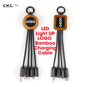 Kabel pengisi daya Usb bambu 3 dalam 1 menyala LOGO Led Multi Tipe C ponsel desain LOGO menyala kustom