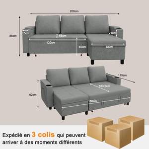 Canapé d'angle modulable 3 places avec lit, rangement intégré, porte-gobelets, tissu éponge, design moderne, salon, anthracite - Product Image 6