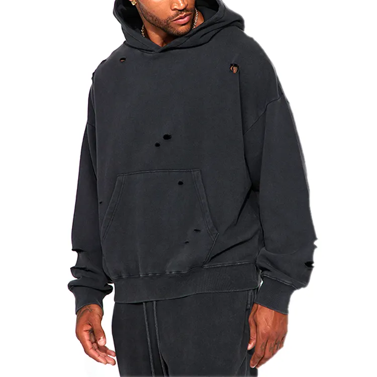 Sản Xuất Quá Khổ Mens Trống Đau Khổ Boxy Không Có Chuỗi Boxy Hoodies Cho Chất Lượng Cao Drop Shoulder Nặng Trọng Lượng Áo OEM