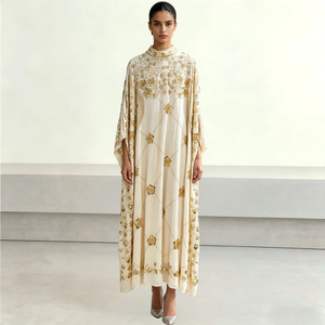 Kaftan de soirée de luxe style Dubaï en or <span class=keywords><strong>blanc</strong></span> perlé, robe longue musulmane modeste faite à la main pour <span class=keywords><strong>femme</strong></span>, pour l'Aïd, <span class=keywords><strong>mariage</strong></span>, Moyen-Orient, ODM - Product Image 1