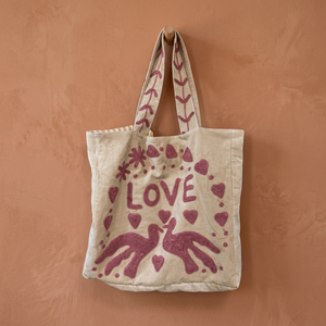 Wholesale Custom Handmade Off White Canvas Tote <b>Bag</b> Featuring Magenta LOVE Lettering Doves Hearts and Floral Applique Embroidery - Product Image 4