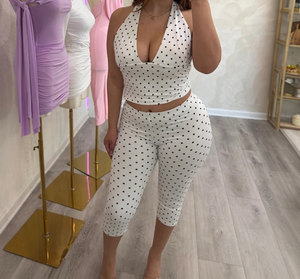 Viviblook D26ST184 Women Summer Outfit <b>Sexy</b> Sleeveless Polka Dot Print Halter Tank Top Tight Cropped Pants Two Piece <b>Set</b> - Product Image 1