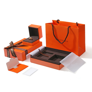 Custom Logo <b>Orange</b> Cardboard Jewelry Packaging Gift Box with Ribbon for Necklace Ring Earrings Bracelet - Product Image 3