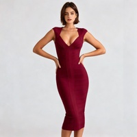 Gaun Midi Bandage Hitam Pink Burgundy Putih Wanita, Kerah V Plunge Tanpa Lengan, Bodycon, untuk Pesta Koktail, Acara Malam, dan Formal
