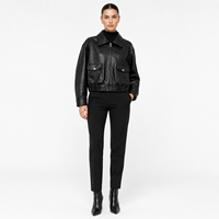 Jaket Bomber Wanita Kulit Nappa Asli Hitam, Pendek, Kasual, Anti Angin, Polos, Berwarna, Model Zip-Up, Saku Lipat