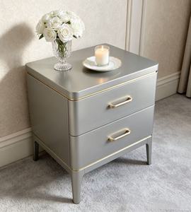 Luxury Silver Finish Solid Wood Nightstand,2 Drawer Gold Pull Tapered Leg Bedside Cabinet for Modern Glam Bedroom <b>Night</b> <b>Stand</b> - Product Image 4