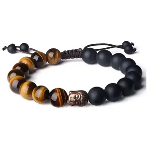 Pulseira de contas de pedras preciosas olho de tigre com cabeça de Buda da sorte pérolas de pedra de lava trançada artesanal ajustável para homens e mulheres