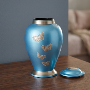 Blue Aluminum Cremation Urn <b>Keepsake</b> Memorial <b>Ashes</b> Vase Butterfly Decorative Tabletop Durable 200 Cubic Inch Funeral Decor - Product Image 3