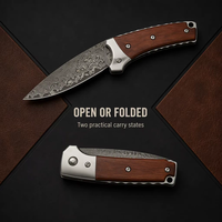 Couteau pliant en acier de Damas - Couteau de poche tactique EDC pour le camping et la chasse avec manche en bois