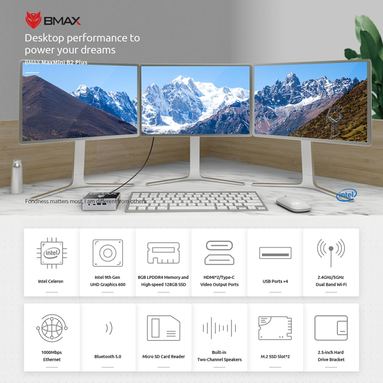 BMAX B2 Plus Mini PC, Intel Celeron J4125, 8GB RAM, 256GB SSD