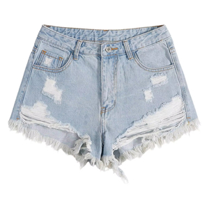 Shorts de mezclilla para mujer, de cintura media, con dobladillo deshilachado, rasgados, transpirables, lavados, de pierna recta, estilo casual y sexy para verano, streetwear - Product Image 1