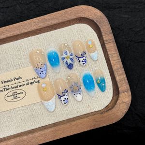 <span class=keywords><strong>Uñas</strong></span> Postizas Estilo Océano Hawaiano con Flores 3D, Forma Almendrada, Hechas a Mano, <span class=keywords><strong>Uñas</strong></span> Falsas con Efecto Degradado - Product Image 1