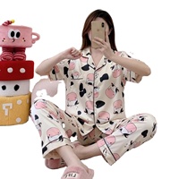 Piyama Kerah Wanita, Baju Tidur Wanita Ukuran Besar Musim Panas Motif Bunga dengan Kancing Kartun
