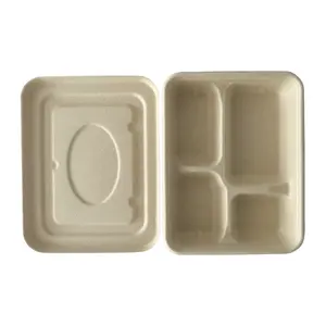 अमेज़ॅन लोकप्रिय बड़ी क्षमता 4 डिब्बे लंच बॉक्स लकड़ी रंग गन्ना लुगदी खाद्य बॉक्स बायोडिग्रेडेबल माइक्रोवेव सुरक्षित खाद्य बॉक्स