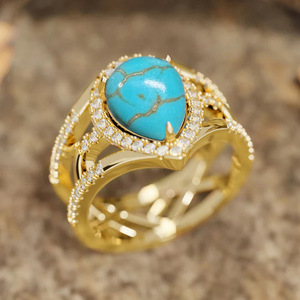 Anello Vintage Stile Goccia di Turchese per Donne, Elegante Gioiello da Dito per Matrimonio - Product Image 3