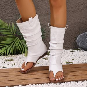 여성 웨스턴 검투사 샌들 핍토 플랫 부츠 슬립 에 하이 샤프트 끈 팬티 여름 신발 - Product Image 6