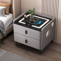 Table de chevet moderne de luxe intelligente à 2 tiroirs avec plateau en verre, chargement sans fil, haut-parleur Bluetooth, lumière LED et lecteur d'empreintes digitales