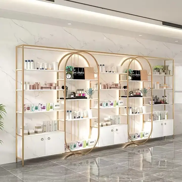 Scaffali cosmetici da parete in legno personalizzati vetrina da parete e makeage Display da parete per il negozio di Makeup al dettaglio