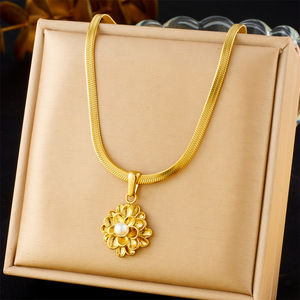 Gold Plated Lotus Pearl Pendant Stainless Steel Chain Necklace Flower Shape Gift Jewelry N3194 - Product Image 1