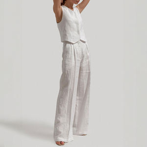 Completo Estivo a Due Pezzi in <span class=keywords><strong>Lino</strong></span>/Cotone con Top Senza Maniche e Pantaloni, Scollo a V, Tinta Unita, Personalizzabile per <span class=keywords><strong>Donna</strong></span> - Product Image 1