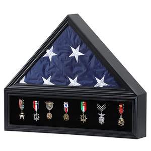 Vitrine de drapeau funéraire pour drapeau funéraire vétéran et médailles boîte d'ombre en bois massif avec porte-certificat en verre véritable noir - Product Image 3