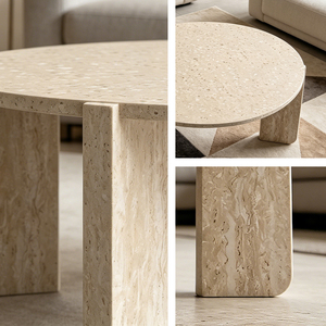 <span class=keywords><strong>Tavolino</strong></span> da Caffè Moderno con Texture Organica e Rivestimento Stile Travertino, Tre Gambe a Lastra per Arredamento Estetico Casa e Galleria d'Arte - Product Image 2