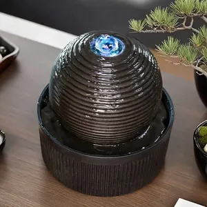 <span class=keywords><strong>Fontaine</strong></span> à eau Sphère noire Zen moderne avec lumière LED bleue, dispositif d'eau de bureau de conception d'anneau concentrique pour la maison ou le bureau - Product Image 2