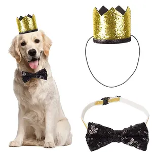 Amazon Offre Spéciale mignon animal de compagnie anniversaire couronne chapeau et noeud papillon collier ensemble pour chien chat fête d'anniversaire fournitures