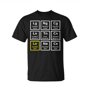 T-shirt promotionnel de jeu de rôle sur le thème de l'alignement malveillant et légitime - Product Image 2