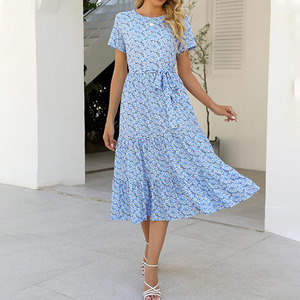 Custom Women'S <strong>Petite</strong> Summer Casual Tiered Midi <strong>Dress</strong> Woman Short Sleeve Belted Ruffle Babydoll <strong>Boho</strong> Sundress With Pockets - Product Image 5