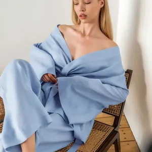 Autunno <span class=keywords><strong>donna</strong></span> pigiama a maniche lunghe alla moda Casual abito di lino di cotone con modello solido vendita caldo vestiti per la <span class=keywords><strong>casa</strong></span> - Product Image 6