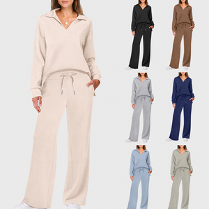 Conjunto de 2 Piezas para Mujer, Color Sólido, Tejido de Punto, Sudadera de Manga Larga, Pantalones con Cordón, Corte Regular Informal, Atuendo Otoñal, Cuello en V, Transpirable - Product Image 1