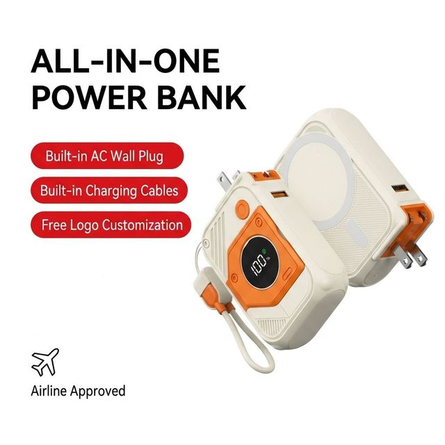 New Model 10000mah 22.5W Super-fast-charging Power Bank with Magnetic AC Plug and Built-in Cablewholesale Customize Available