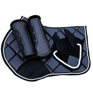 High Quality Horse Saddle Pad Comfort Padded Glitter Set with Shock Absorbing Boots and Mesh <b>Fly</b> Ear <b>Net</b> for Riding - Product Image 1