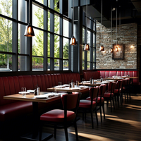 Ensemble de mobilier de restaurant commercial sur mesure Ron Group, banquette en forme de L à dossier haut, table carrée en bois massif, chaise ergonomique en cuir