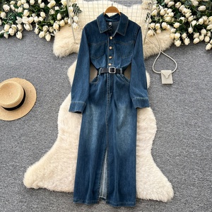 Abito in Denim Stile Retrò con Colletto a Risvolto per Donna, Vestito Aderente a Maniche Lunghe con Vita Stretta per la Primavera, Gonna da Ufficio - Product Image 1