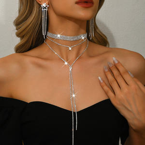 絶妙な爪チェーンY字型ラインストーンフルダイヤモンドネックレスネックレスイヤリング鎖骨チェーンイブニングドレス - Product Image 1