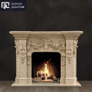 Factory Direct Sales Handcarved Interior Home Decor Classic Beige Cream Marble Fireplace Surround Modern