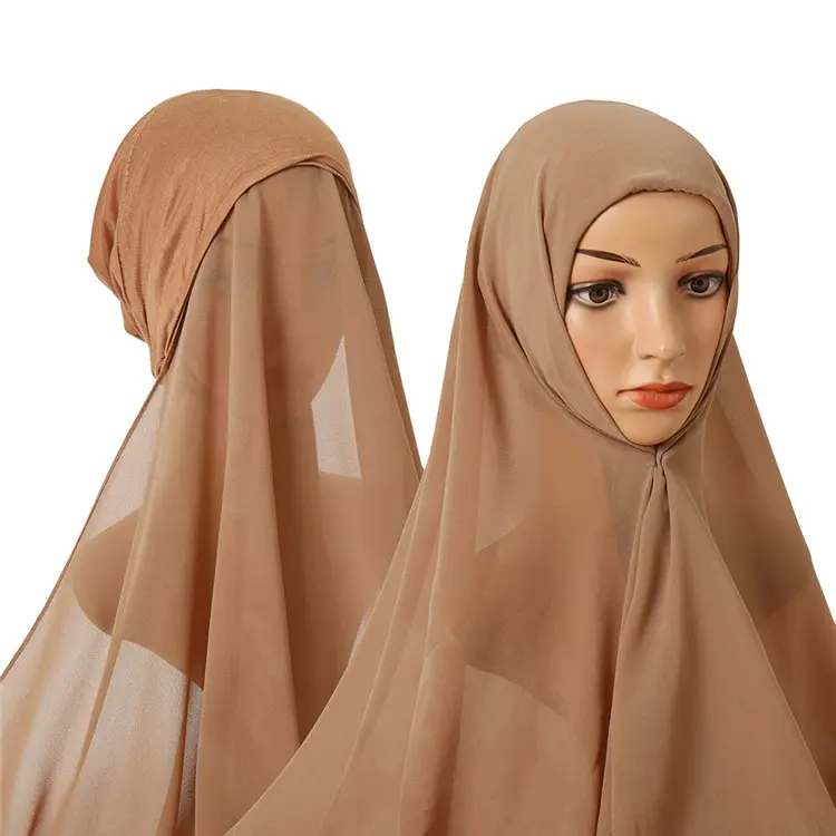 Jilbab Dalaman Panjang, Topi Bonnet Jilbab Di Bawah Syal Lapisan Panjang Siap Pakai Hijab Sifon Instan dengan Turban Dalam Syal